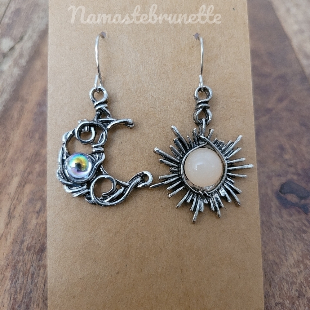 Sun & Moon Silver Wire Wrapped Stone Dangle Drop Earrings - Picture 14 of 15